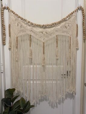 XL Boho Macrame Wall Hanging w Wooden Beads Fringe Natural Fiber Decor Handmade